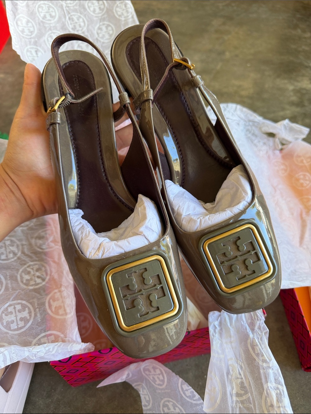 Tory Burch Georgia Patent Slingback Mules with Gold Logo